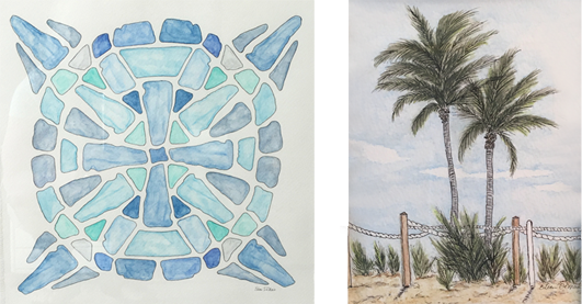 seaglass art and palm trees on beach